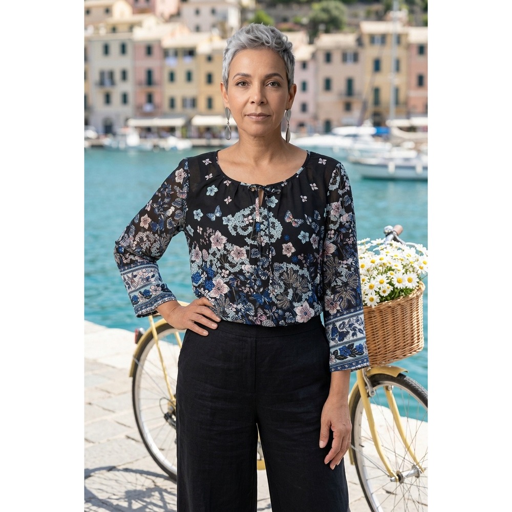 Hannah Womens Floral Butterfly Print Blouse Black Blue Tie Neck Top Size M